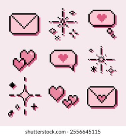 illustration isolated pixel icons for love concept. Retro, 8 bit, pastel arcade game style.Letter, heart, dialogue, bubble, sparkle. For game, mobile app,scrapbook, graphic