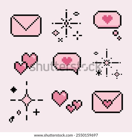 illustration isolated pixel icons for love concept. Retro, 8 bit, pastel arcade game style.Letter, heart, dialogue, bubble, sparkle. For game, mobile app,scrapbook, graphic
