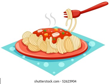 illustration of isolated a plate of spaghetti with fork on white