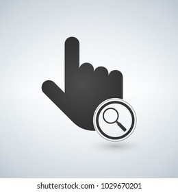 Illustration of an isolated pointing hand mouse cursor with a magnifier, vector illustration.