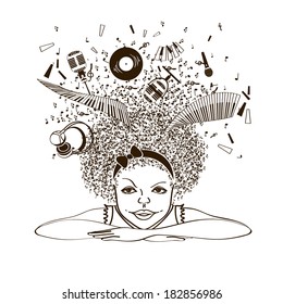 Illustration with isolated portrait of girl dreaming to be a musician on a white background