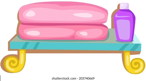 illustration of isolated rack of towels and bottle on white