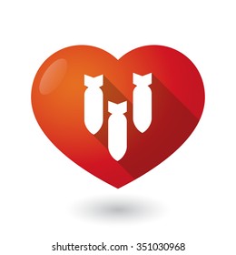 Illustration of an isolated red heart with three bombs falling