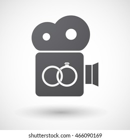 Illustration of an isolated retro cinema camera icon with  two bonded wedding rings