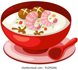illustration of isolated rice soup with prawn on white