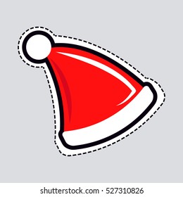 Illustration of isolated Santa Claus hat. Cut out of paper. Christmas cap in triangular shape with white long line beneath and ball on top. Simple cartoon style. Hat patch. Flat design. Vector