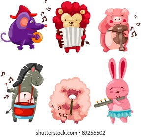illustration of isolated set of animals playing instruments