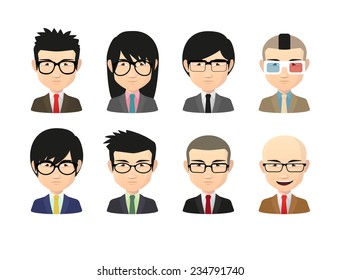 Illustration of an isolated set of Asian male avatars with various hair styles wearing glasses