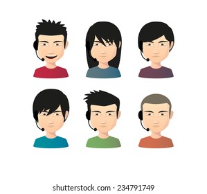 Illustration of an isolated set of Asian male avatars with various hair styles wearing headset