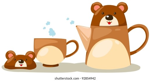 illustration of isolated set of bear pot and cup on white