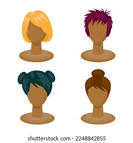 illustration of isolated set of colorful woman wigs