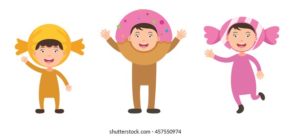 illustration of isolated set costumes candy kids on white background