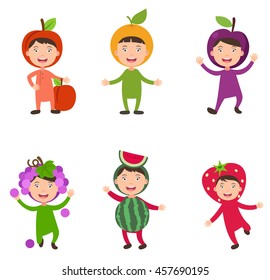 illustration of isolated set costumes fruit kids on white background