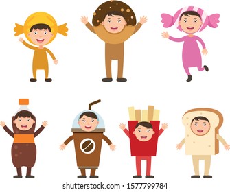 illustration of isolated set costumes junk food kids on white background