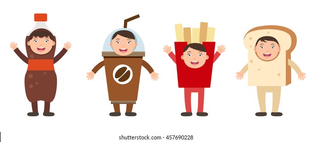 illustration of isolated set costumes junk food kids on white background