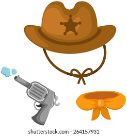 illustration of isolated set of cowboy hat, gun and scarf