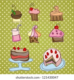 illustration of isolated set of cupcake on vintage  background