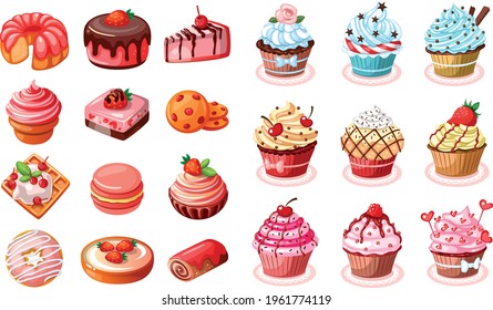 illustration of an isolated set of cupcake on white background
Sweet cupcakes. Realistic homemade desserts, cherry vanilla, and chocolate muffins, sugar cakes with cream and berries collection