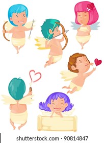 illustration of isolated set of cupids reaching heart on white