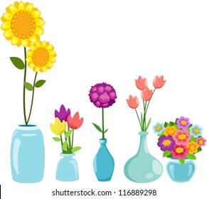 illustration of isolated set of  flowers in vases on white