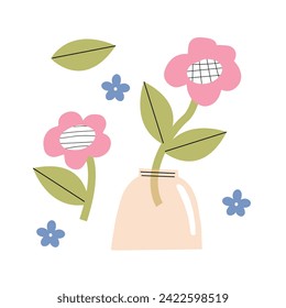 illustration of isolated set of flowers in vases on white