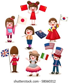 illustration of isolated set of international childrens holding flag