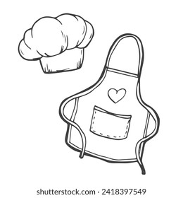 Illustration of isolated set of kitchen apron and chef hat. Doodle cooking design elements