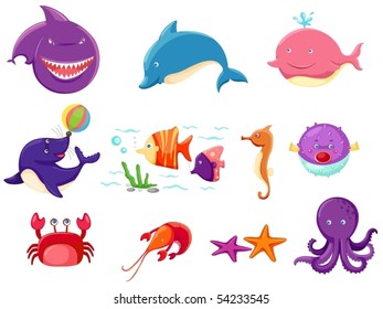 illustration of isolated set of marine life on white background