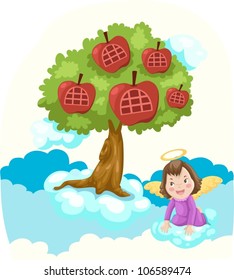 illustration of isolated sky high apple tree house and angel