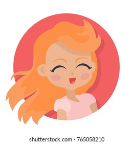 Illustration of isolated smiling girl with red long hair and forelock. Red lips. Portrait of nice female person in pink blouse. Closed eyes. Simple cartoon style. Front view. Flat design. Vector
