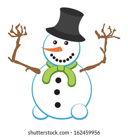 Illustration of isolated smiling snowman with green scarf