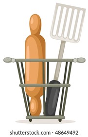 illustration of isolated spatula and rolling pin in the basket
