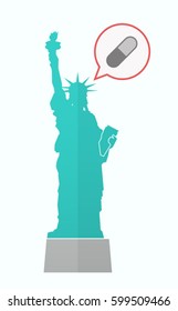 Illustration of an isolated Statue of Liberty with a comic balloon and a pill