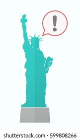 Illustration of an isolated Statue of Liberty with a comic balloon and an exclamarion sign