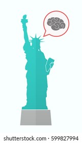 Illustration of an isolated Statue of Liberty with a comic balloon and a brain