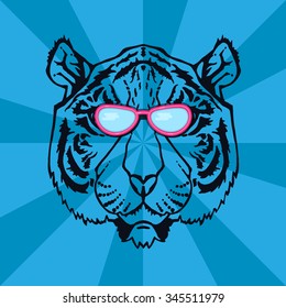 Illustration of isolated tiger head with glasses in vintage style for textiles, print and tattoo. Line-art. Vector