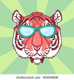 Illustration of isolated tiger head with glasses in vintage style for textiles, print and tattoo. Line-art. Vector