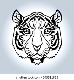Illustration of isolated tiger head in vintage style for textiles, print and tattoo. Line-art. Vector