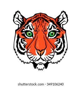 Illustration of isolated tiger head in vintage style for textiles, print and tattoo. Line-art. Vector