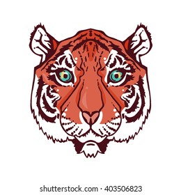 Illustration of isolated tiger head in vintage style for textiles, print and tattoo. Line-art. Vector