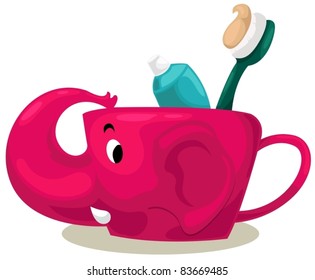 illustration of isolated  toothbrush and toothpaste in elephant cup