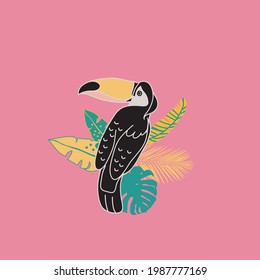 illustration with isolated toucan and leaves, vector design for paper, fabric and other surfaces