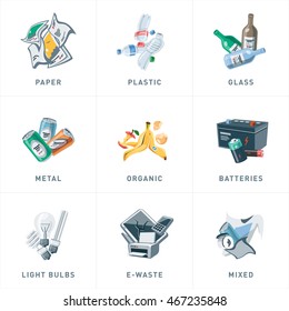 Ilustración de categorías aisladas de separación de basura con orgánicos, papel, plástico, vidrio, metal, desechos electrónicos, baterías, bombillas y basura mixta. Tipo de basura estilo caricatura de reciclaje de segregación. 