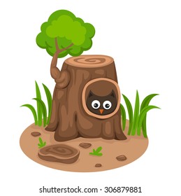 illustration of isolated tree hollow with an owl on a white background,vector