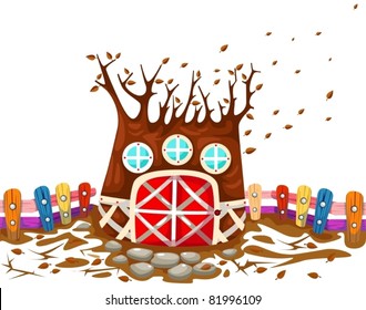 illustration of isolated tree house in winter season on white