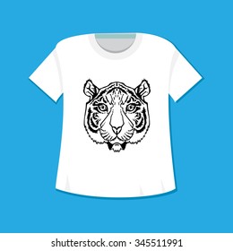 Illustration of isolated t-shirt with tiger head in vintage style for textiles, print and tattoo. Line-art. Vector
