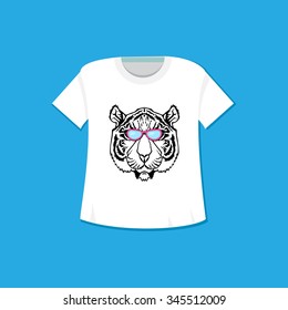 Illustration of isolated t-shirt with tiger head with glasses in vintage style for textiles, print and tattoo. Line-art. Vector