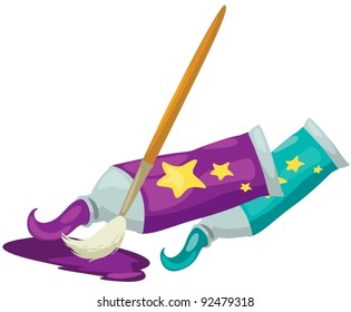illustration of isolated tubes of paint with paintbrush on white background