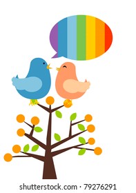 illustration of isolated two birds on branch talking. Rainbow speech bubble