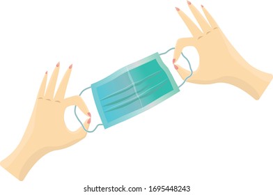 Illustration of isolated two female hands showing  gesture  ok and holding medical respiratory mask